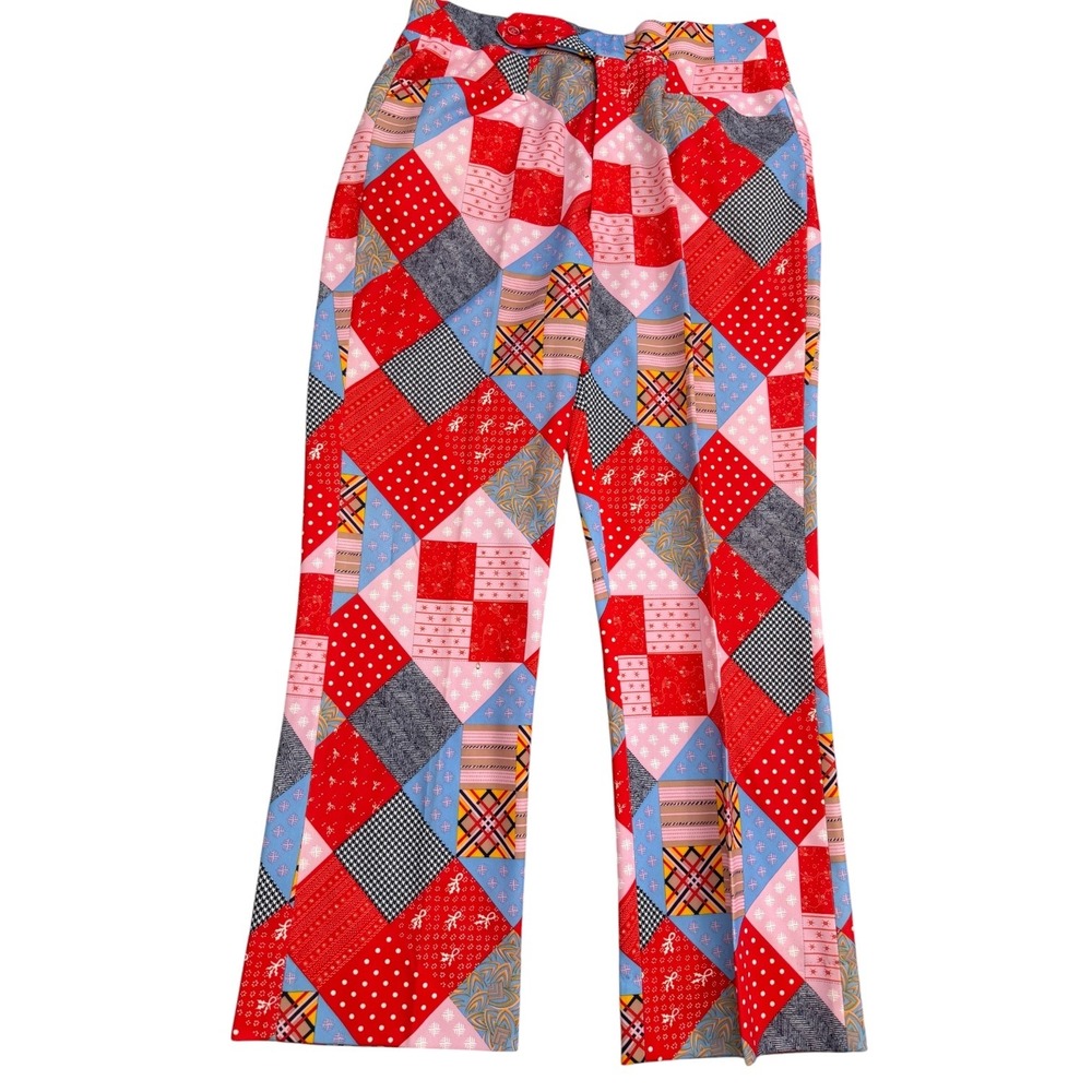 70s vtg Di Fini Patchwork Print Pants Red Blue Plaid Polka Dot 70s Retro 32 W